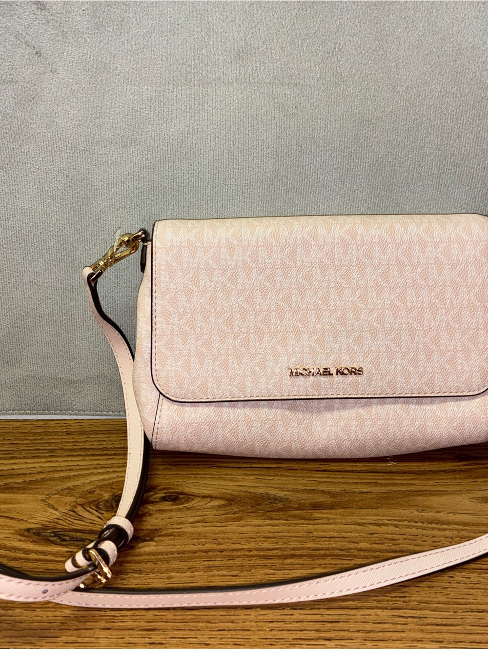 Michael Kors Blush Pink Monogram Crossbody Bag with Gold Hardware